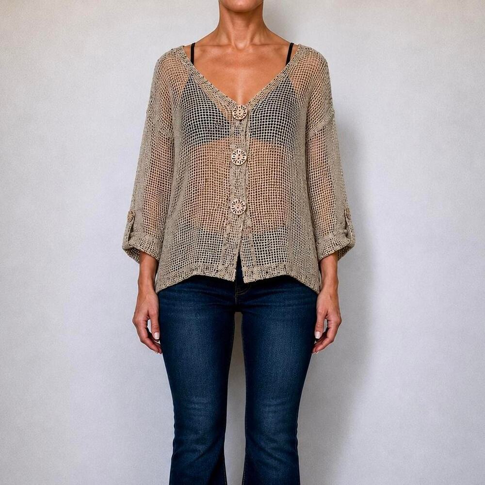 Vintage Italian Boho Oversized Earthy Mesh Open Knit Crochet Cardigan Top M/L